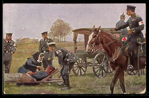 Künstler-AK Carl Becker: Schwester des Roten Kreuzes versorgt verwundeten Soldaten