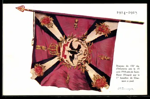 Künstler-AK J. F. Bouchor: 1914-15, Drapeau du 132e Régiment d`Infanterie pris par le 1er bataillon de Chasseurs à pied