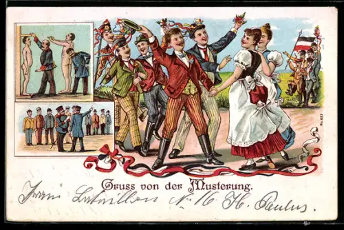 Lithographie Gruss von der Musterung, Szenen der Musterung, taugliche Rekruten feiern mit Mädchen