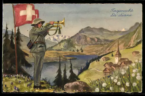 Künstler-AK Schweizer Soldat in Uniform bei Tagwacht