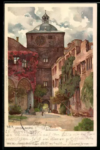 Künstler-AK K. Mutter: Heidelberg, Schlosstor mit Anwohnern