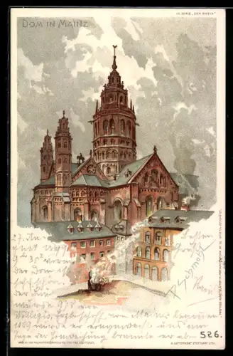 Künstler-Lithographie P.Schmohl: Mainz, Blick nach dem Dom