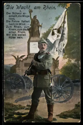 AK Die Wacht am Rhein, Soldat des Regiment Nr. 100 in Uniform mit Pickelhaube und Fahne