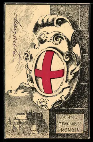 Künstler-AK Salzburg, Schild mit Symbol Rotes Kreuz an einer Mauer, Stadtansicht