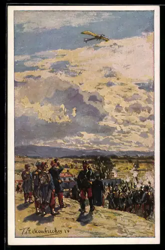 Künstler-AK Themistokles von Eckenbrecher: Franz. Soldaten beschiessen dt. Flugzeug Taube