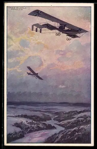 AK Flugzeug, Militärdoppeldecker auf Erkundungsflug über dem Argonnerwald