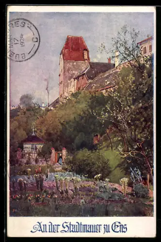Künstler-AK Enns, An der Stadtmauer, Deutscher Schulverein