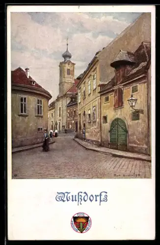 Künstler-AK Rudolf Schmidt, Deutscher Schulverein 467: Nussdorf, Strassenblick mit Kirche
