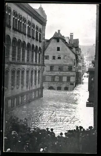 AK Nürnberg, Karlsstrasse bei der Hochwasser-Katastrophe am 5. Feb. 1909, Restauration zum Augustiner