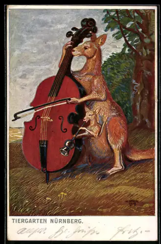 Künstler-AK sign. H. Gradl: Nürnberg, Tiergarten, Musizierende Kängurus