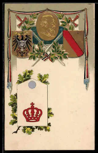 Präge-AK Porträt im Prfil, Wappen mit gekreuzten Schwertern