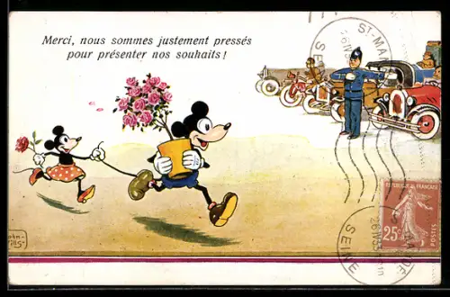 Künstler-AK John Wills: Mickey Mouse rennt mit Minnie an Verkehr vorbei, Comic