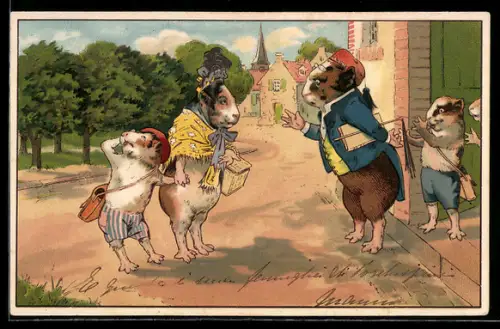 Lithographie vermenschlichte Tiere, Meerschweinchen vor der Schule