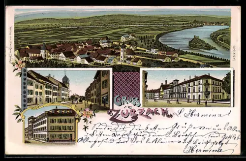 Lithographie Zurzach, Strassenpartie im Ort, Panoramablick auf den Ort und ins Land