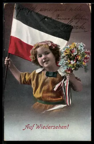 AK Mädchen schwenkt die Flagge und hält Blumen in der Hand, Auf Wiedersehen! Kinder Kriegspropaganda