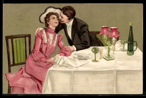 Lithographie Sur ton minois charmant..., Elegantes Liebespaar zu Tisch