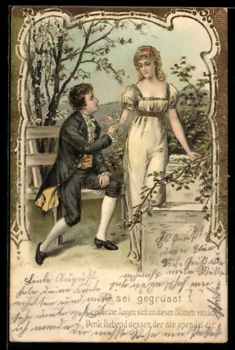 Lithographie O sei gegrüsst, 1. Lass deine Augen sich an diesen Blumen weiden..., Liebespaar