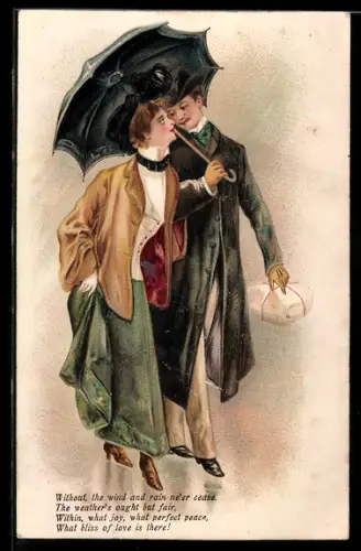 AK Liebespaar beim Spaziergang unter dem Regenschirm