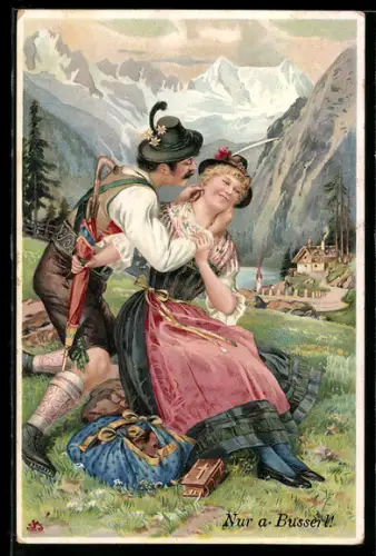 AK Liebespaar in Tracht bei einer Wanderung im Gebirge, Nur a Busserl!