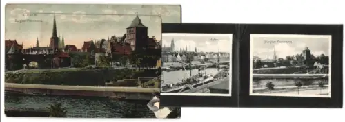 Leporello-AK Lübeck, Burgtor-Panorama, Bismarck-Denkmal u. Holstentor, Dom u. Museum, Hafen, Marienkirche