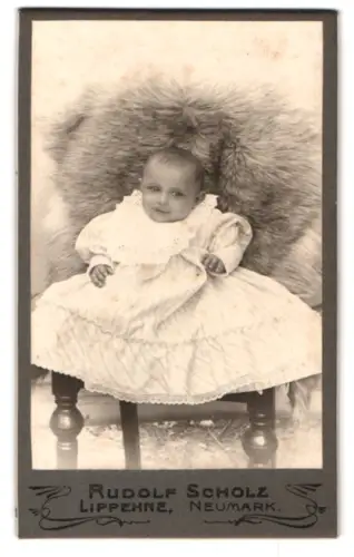 Fotografie Rudolf Scholz, Lippehne, Neumark, Porträt eines Kleinkindes auf einem Stuhl