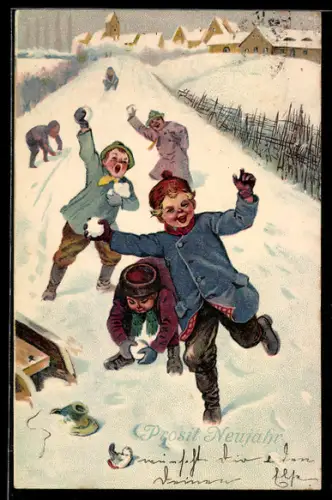 Lithographie Kinder bei der Schneeballschlacht zum Neujahr