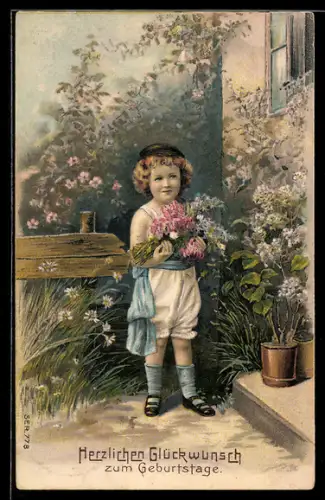 Präge-AK Kind mit Blumen in einem Garten, Geburtstag