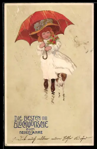 Präge-AK Mädchen mit Hund und Schirm im Regen, Neujahr