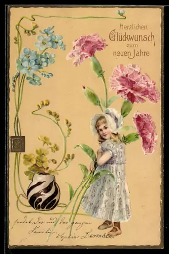 Präge-AK Mädchen mit riesigem Blumenstrauss und Vergissmeinnicht, Neujahr