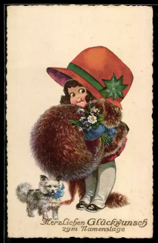 AK Mädchen mit grossem Muff und Hund, Namenstag