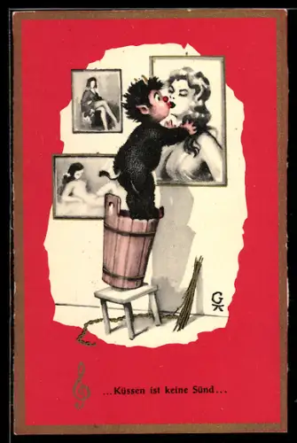AK Krampus küsst das Wandbild einer Frau