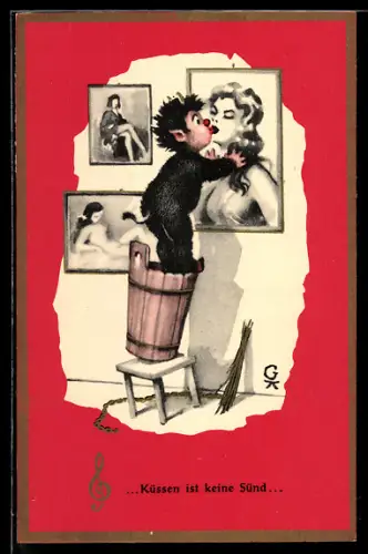 AK Krampus küsst das Wandbild einer Frau, Küssen ist keine Sünd...