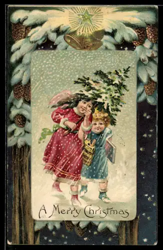 Präge-AK Zwei Kinder im Schnee mit einem Tannenbaum, Weihnachten