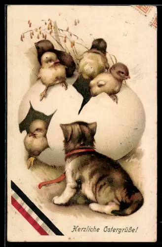 AK Katze beobachtet schlüpfende Osterküken, Ostergruss