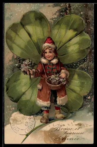 Präge-AK Kleiner Junge mit Kleeblatt und Blumen, Neujahr