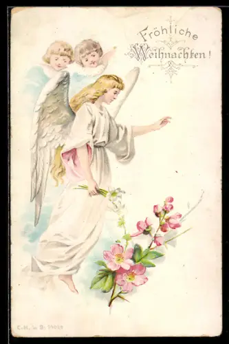Lithographie Weihnachtsengel mit Blumen