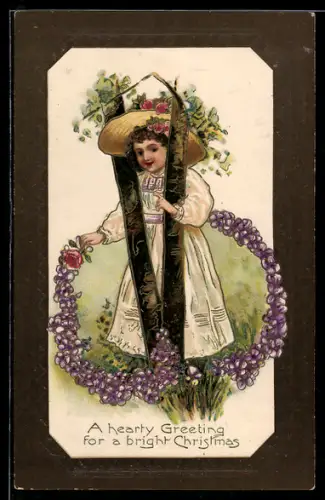 Präge-AK Mädchen mit Ring aus lilanen Blumen, Weihnachten