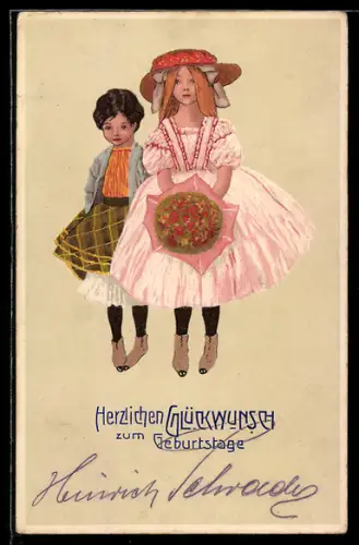 Präge-AK Glückwunsch zum Geburtstage, Mädchen mit Blumen