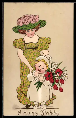 Präge-AK Dame mit Kleinkind und Blumenstrauss, Geburtstag