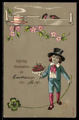 Präge-AK Kleiner Junge mit Kleeblatt und Blumenstrauss, Namenstag