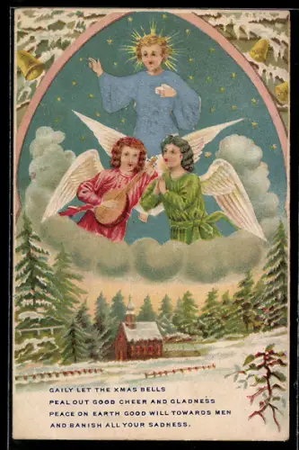 Präge-AK Weihnachtsengel musizieren in den Wolken