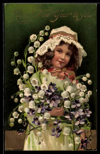 Präge-AK Mädchen mit riesigem Blumenstrauss, Neujahr
