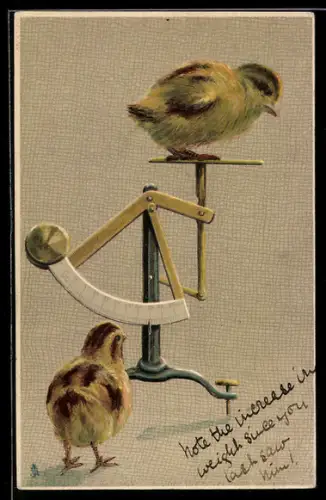 AK Zwei Osterküken an einer Waage