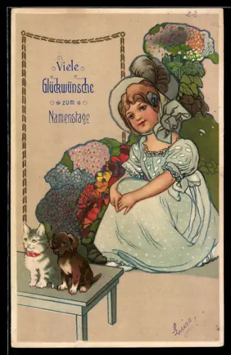 AK Kleines Mädchen mit Kätzchen und Hundewelpe, Namenstag