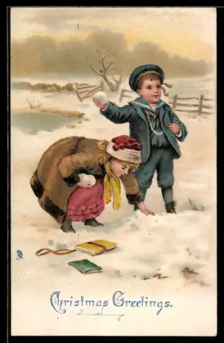 AK Zwei Kinder machen Schneebälle, Weihnachten