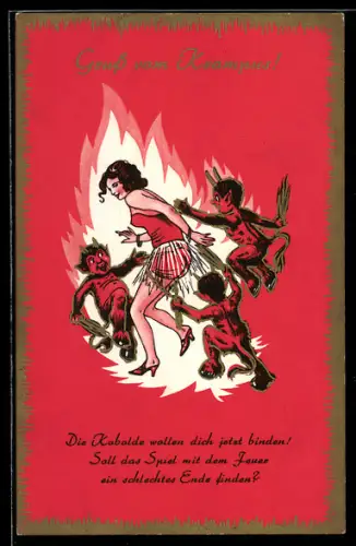 AK Krampus verfolgen ein knapp bekleidetes Fräulein, Gruss vom Krampus
