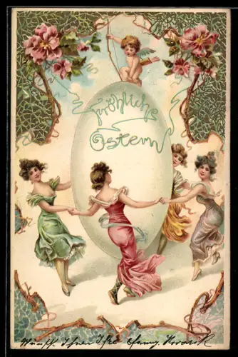 AK Damen tanzen um Osterei, Fröhliche Ostern, Osterengel