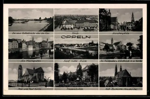 AK Oppeln, Annabergplatz, Brücke, Peter- und Paul-Kirche, Friedrichsplatz, Kathol. Pfarrkirche