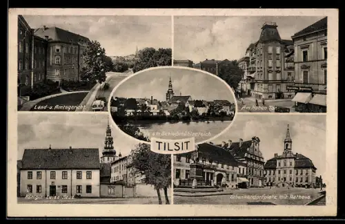 AK Tilsit, Land- und Amtsgericht, Partie am Hohen Tor, Königin-Luise-Haus, Schenkendorfplatz mit Rathaus