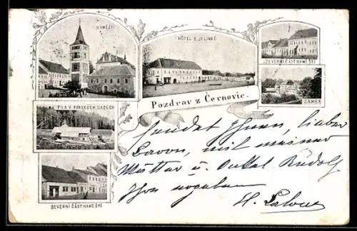 AK Cernovice u Tabora, Hotel u Jelinko, Námesti, Zámek, Pila v Panskich Sadech